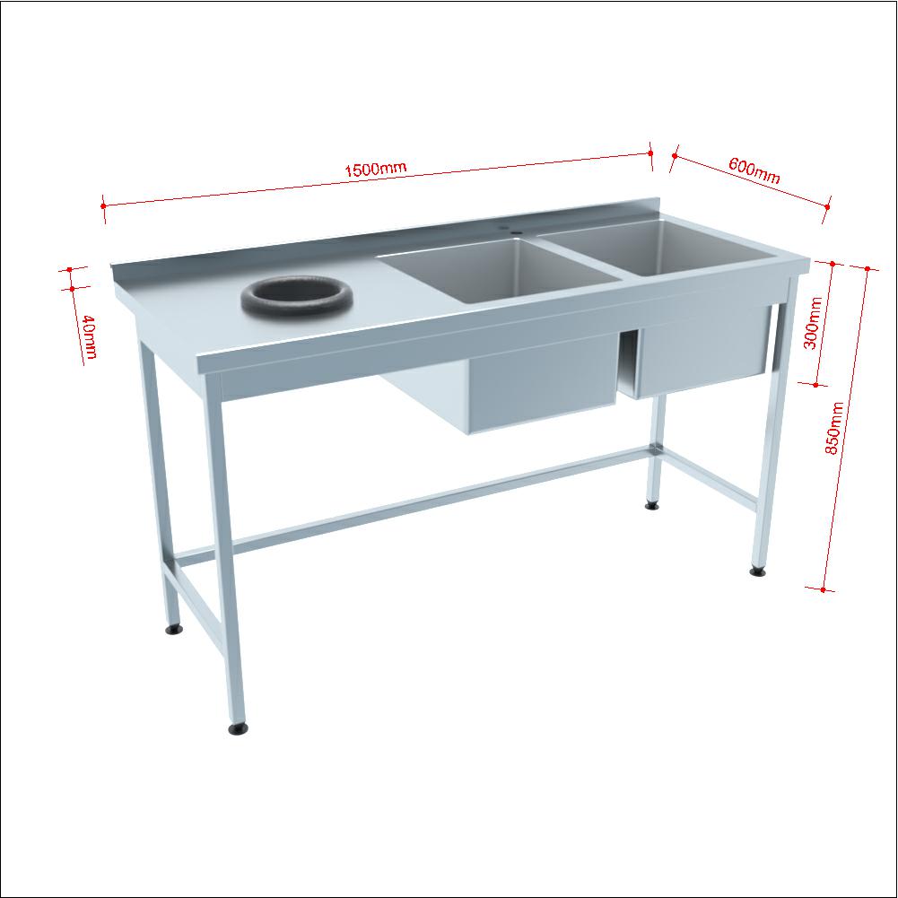 Spültische mit Abfallloch Profi 600 / 2 Becken mit Aufkantung B:1500