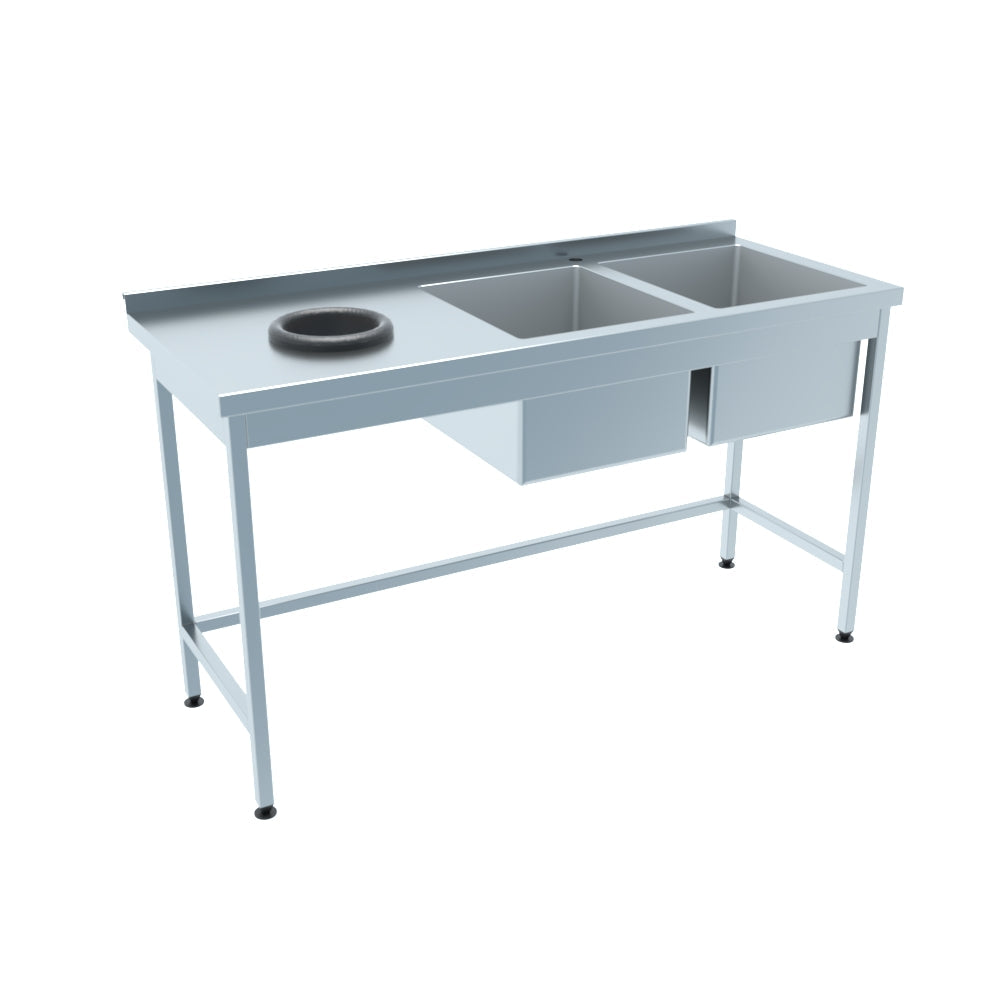 Spültische mit Abfallloch Profi 600 / 2 Becken  mit Aufkantung B:1500